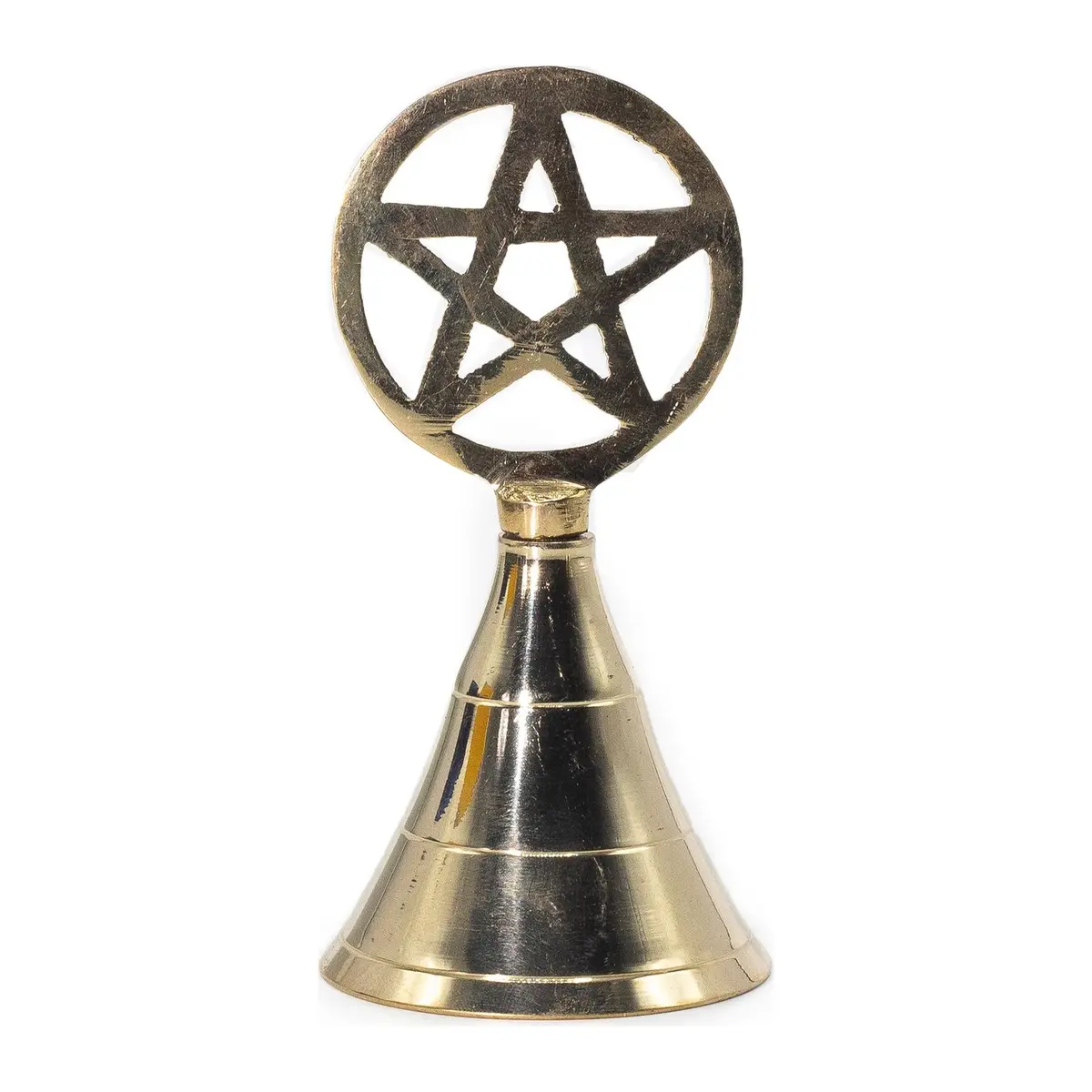 Polished brass altar bell topped with an openwork pentagram
