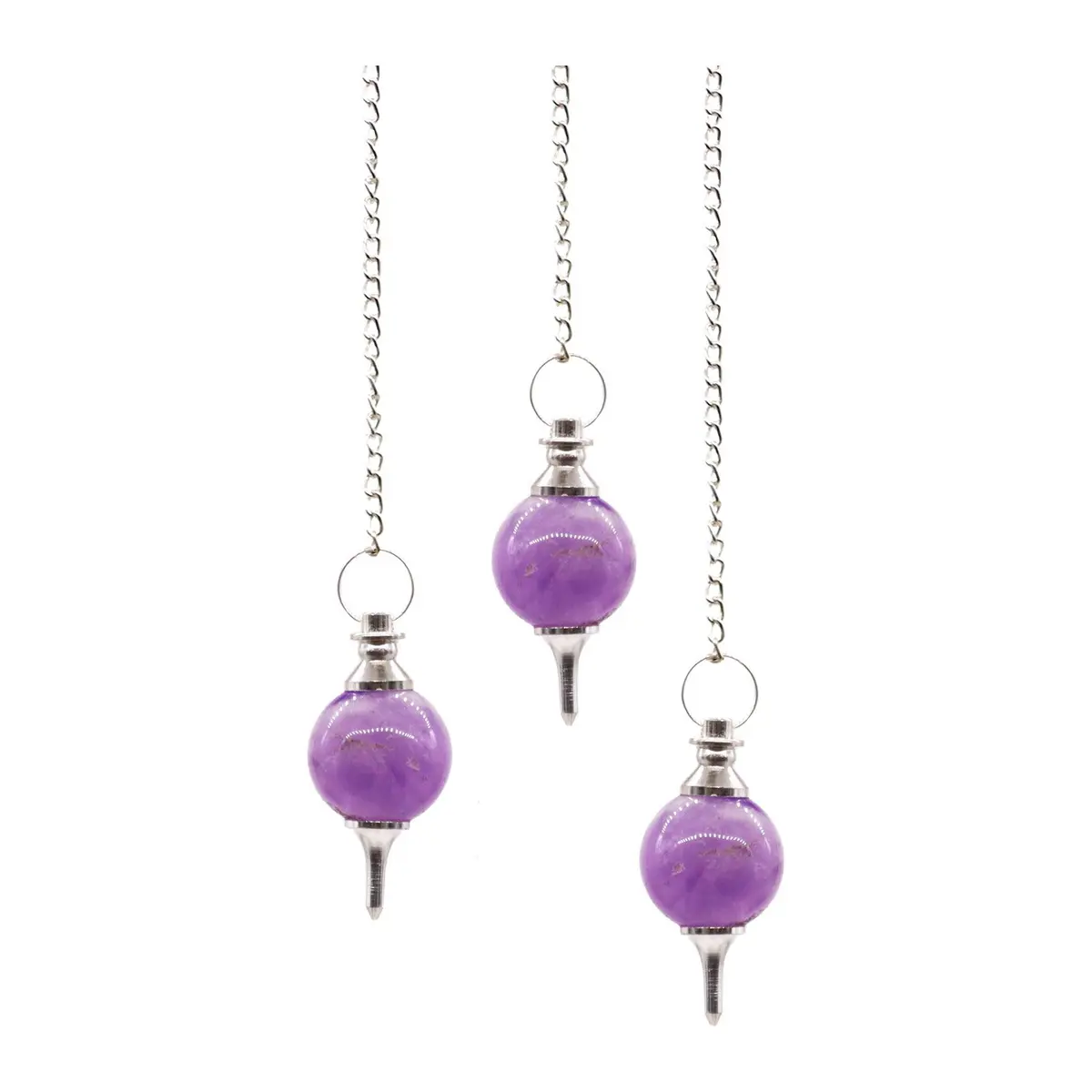 Amethyst sphere pendulum on a silver plated chain with a gemstone bead
