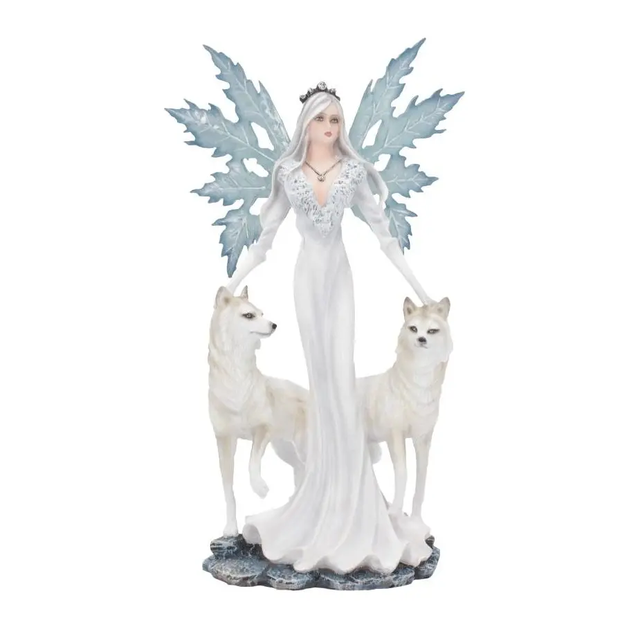 Winter fairy figurine with icy blue wings and two white wolves