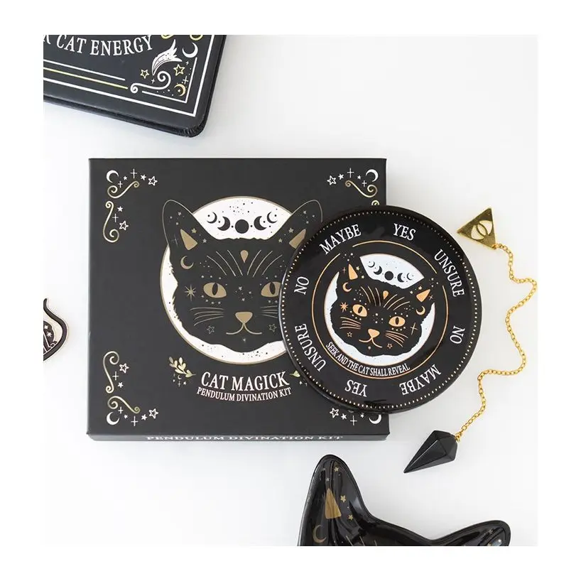 Black cat pendulum kit with ceramic board and obsidian pendulum