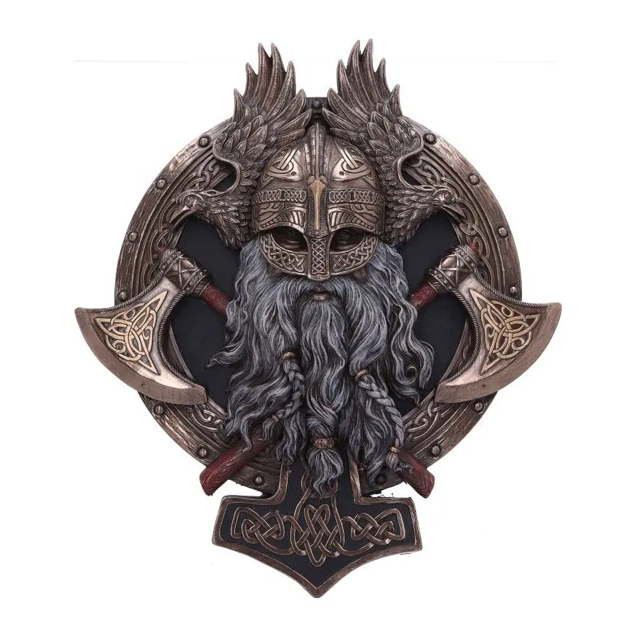 Bronze Viking wall plaque with a warrior's face between two ravens and patterned axes