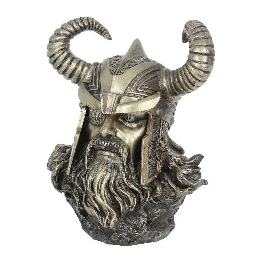 Bronze-finish resin bust of Odin with a horned helmet and eye patch