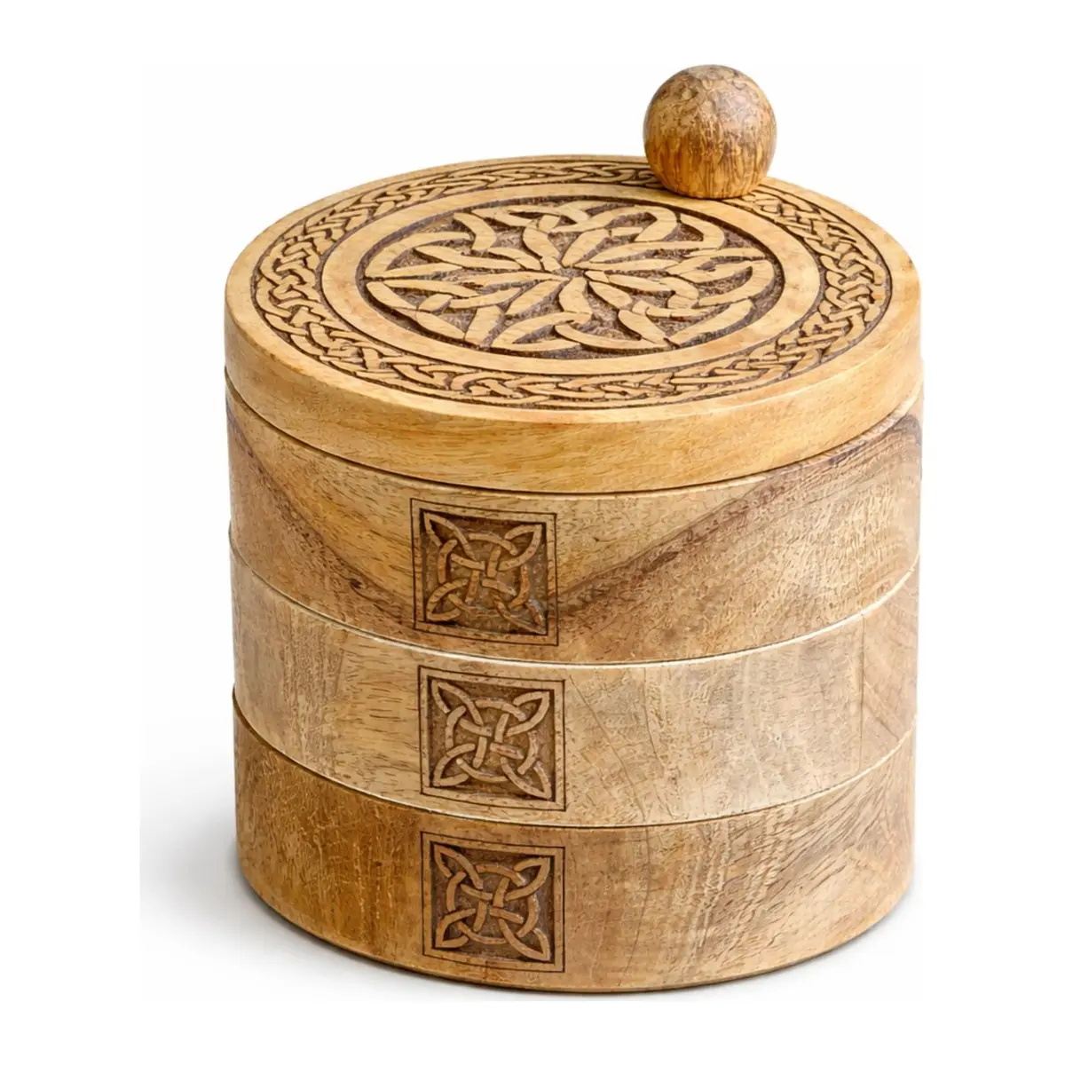 Three-tier revolving wooden box with Celtic knot carvings