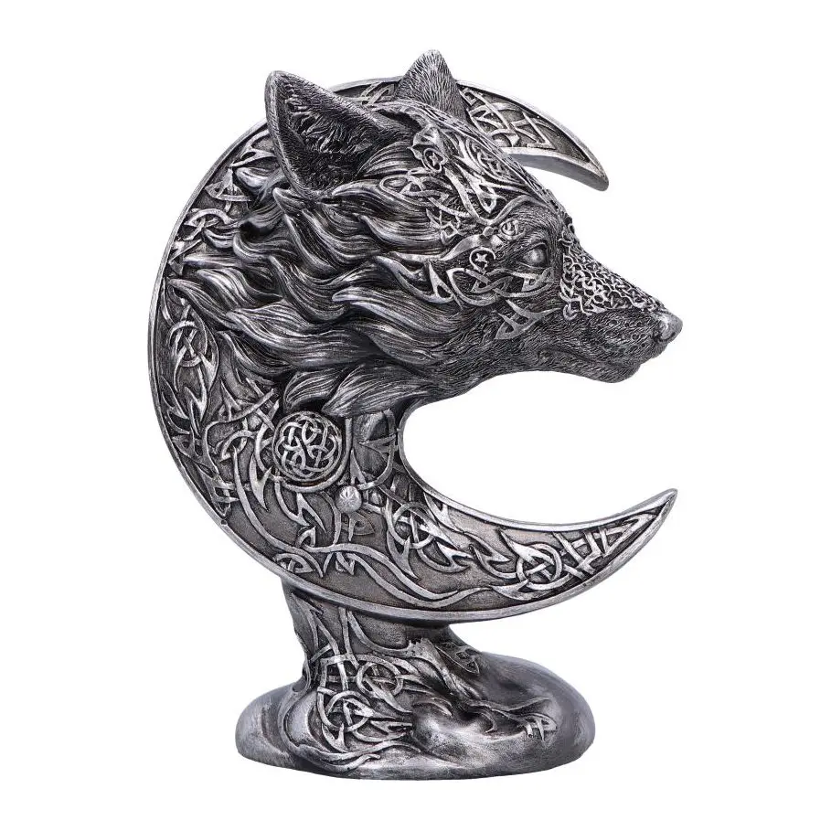 Black and silver crescent moon ornament with a wolf's head