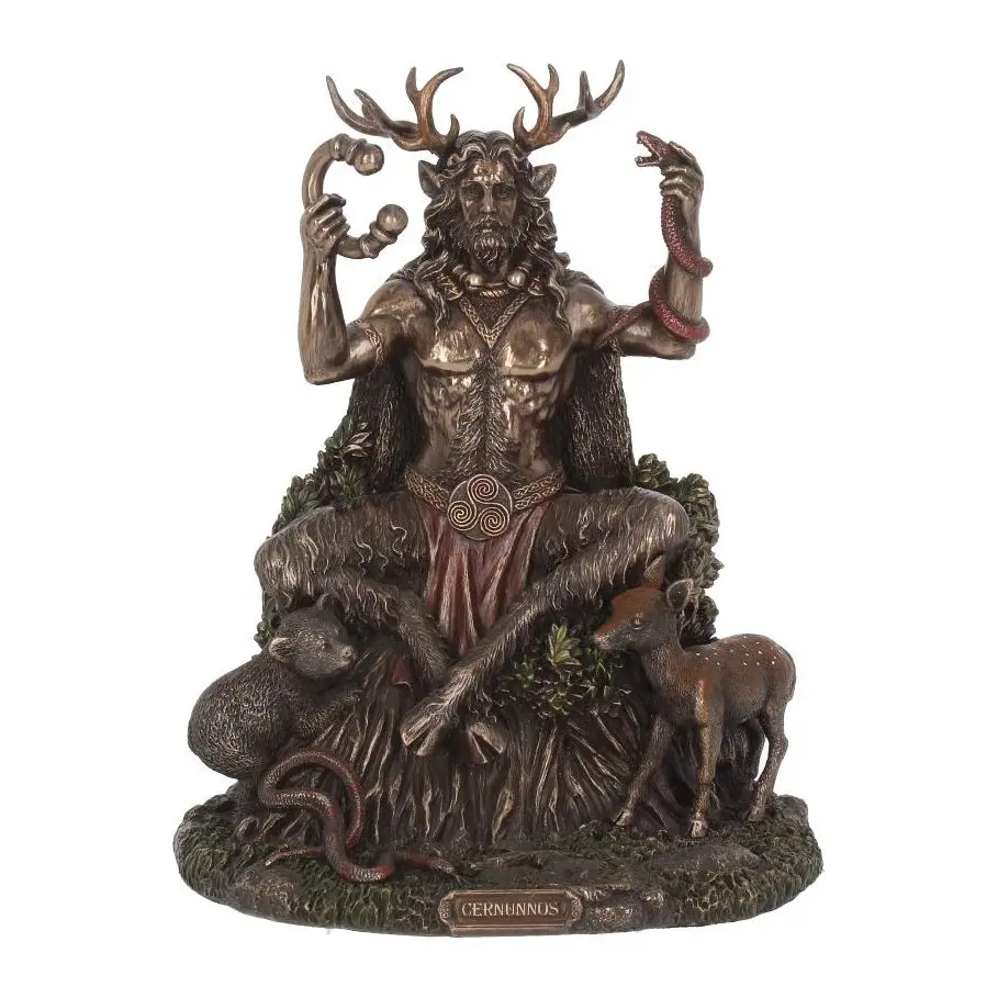 Bronze-finish Cernunnos figurine seated on a tree stump with animals