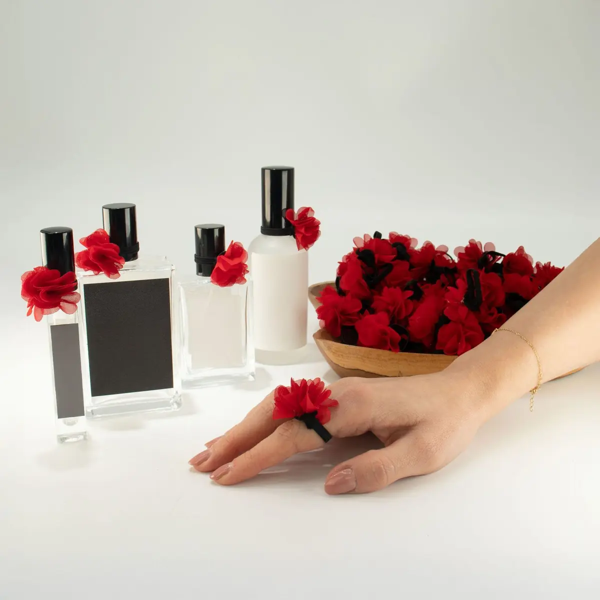 Chiffon flower rings on elastic bands in rose red, navy, pink, lavender, yellow and black