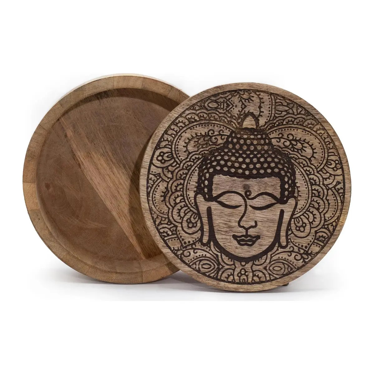 Round mango wood box with a black engraved Buddha face