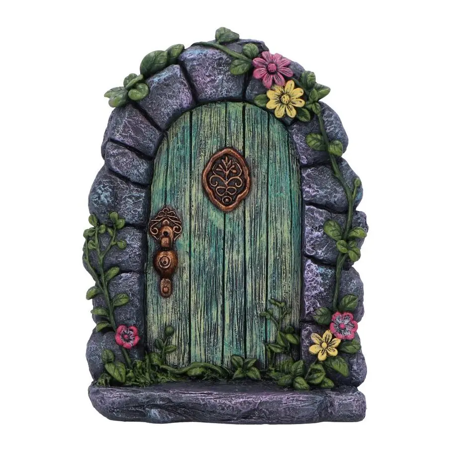 Green resin fairy door in a stone arch with vines and red and yellow flowers