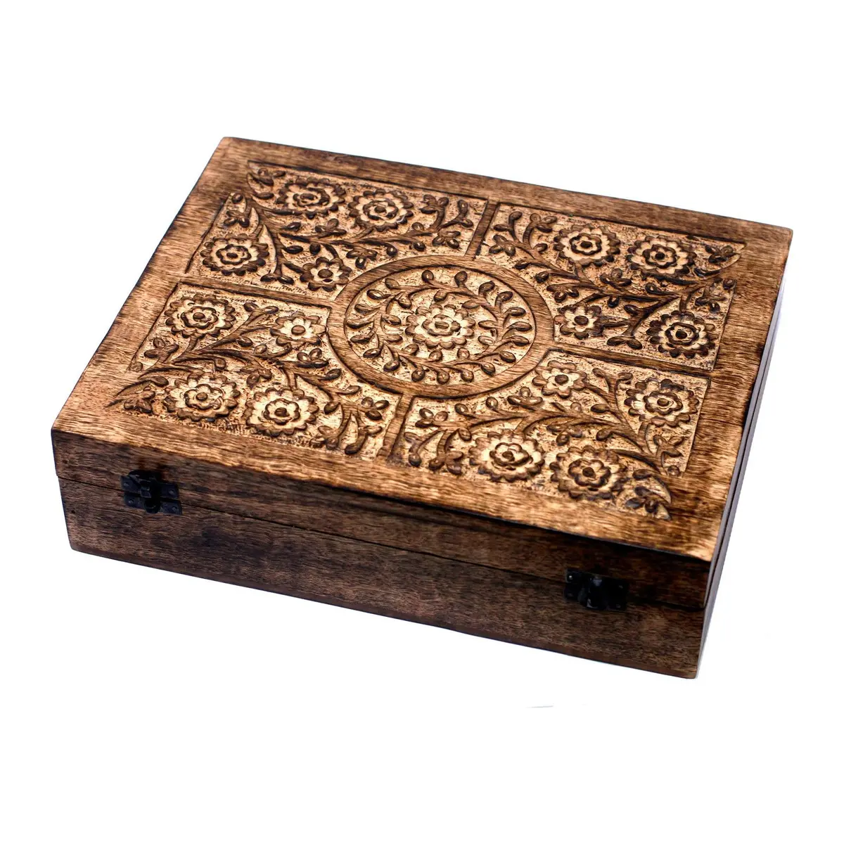 Carved floral mango wood box for small oil bottles