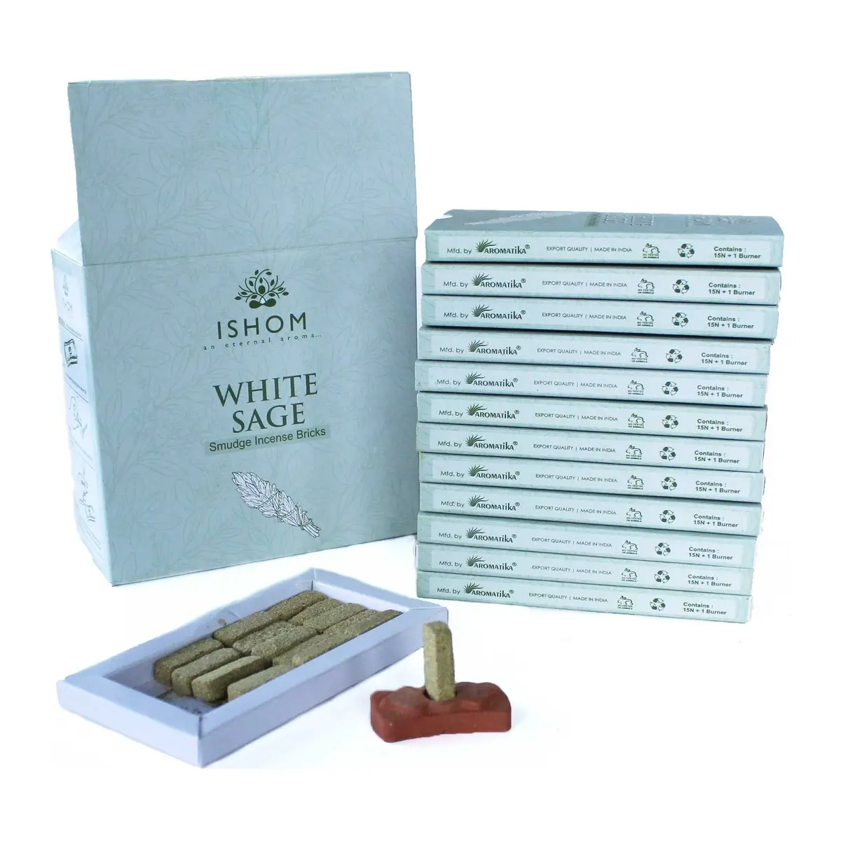 Pack of white sage incense bricks with a terracotta holder
