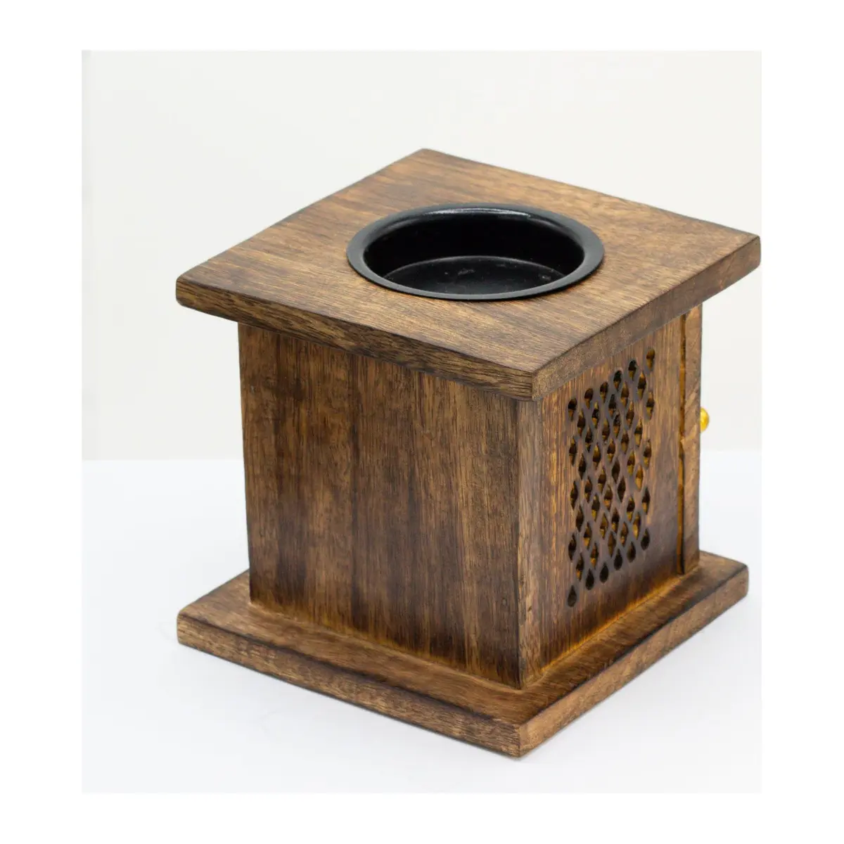 Mango wood box burner with carved Buddha on the front