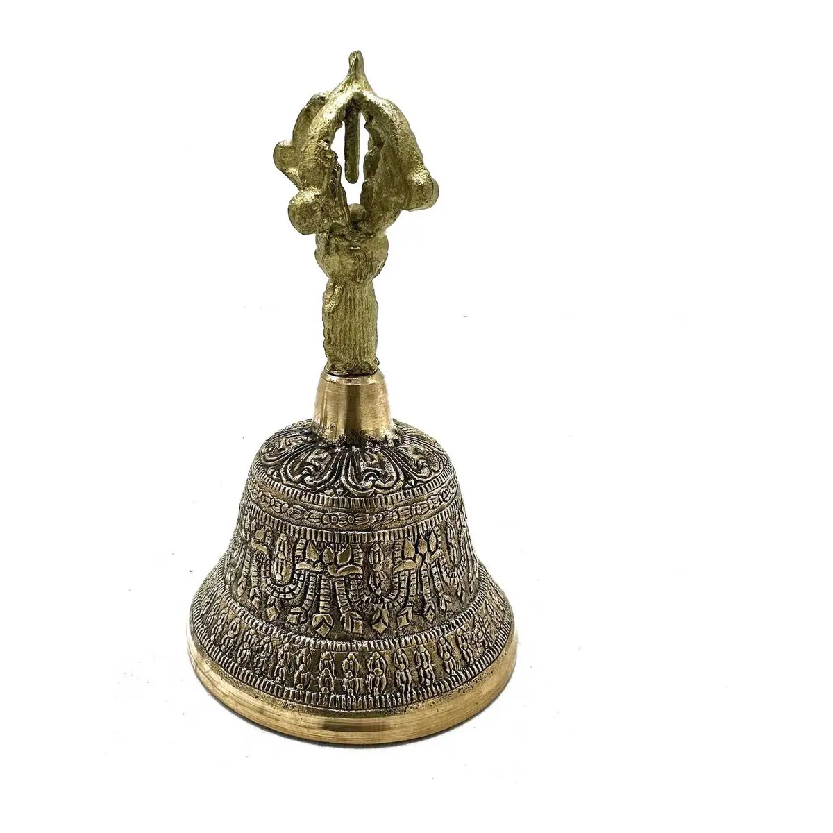 Large brass Tibetan tingsha bell with Tibetan symbols and designs