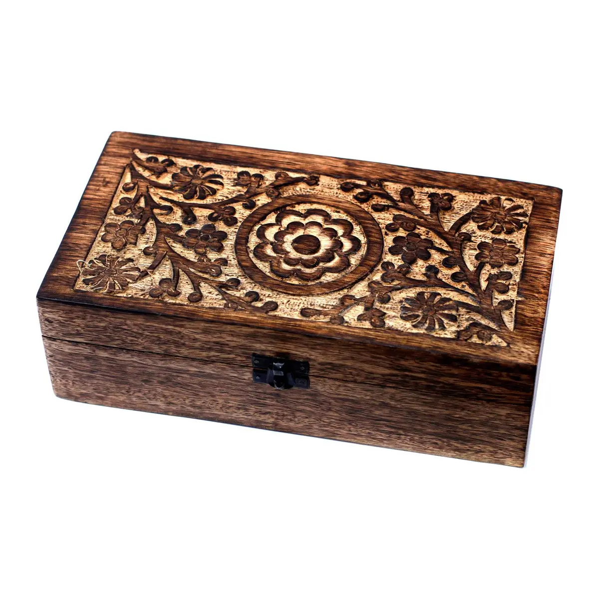 Mango wood essential oil box with a hand-carved floral design