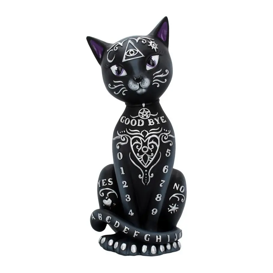 Black cat figurine with purple eyes and silver spirit board lettering