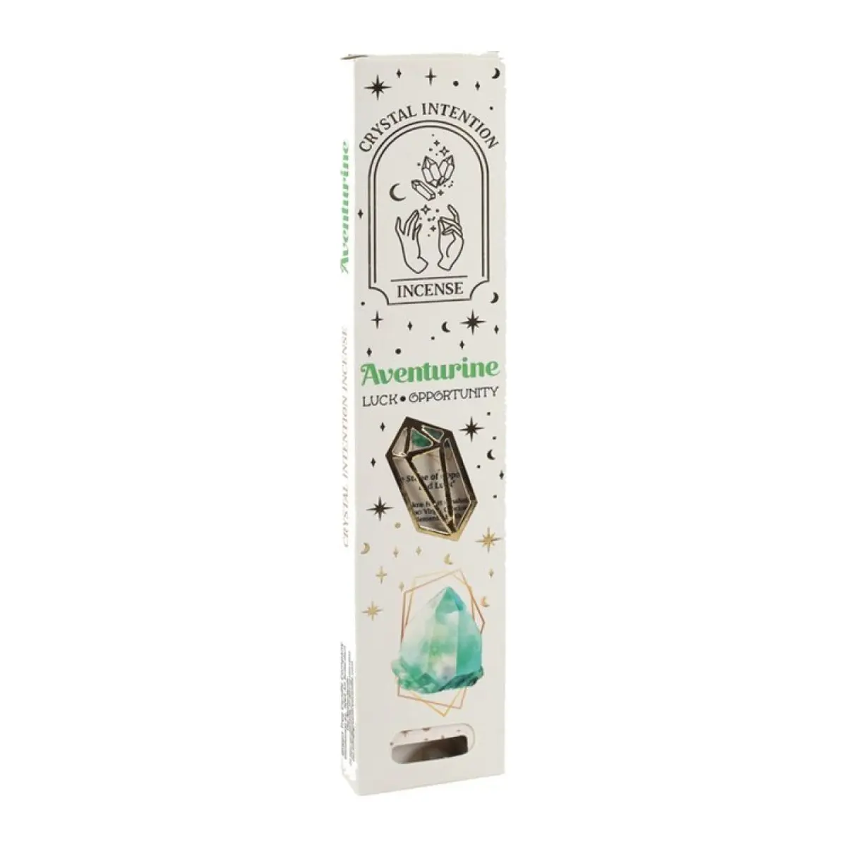 Display box of white sage incense packs with aventurine crystal chips