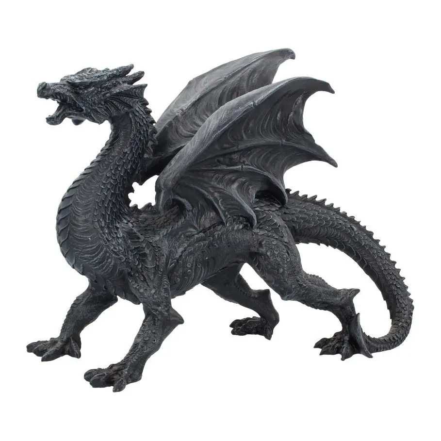 Black resin dragon figurine standing tall with wings raised behind its back