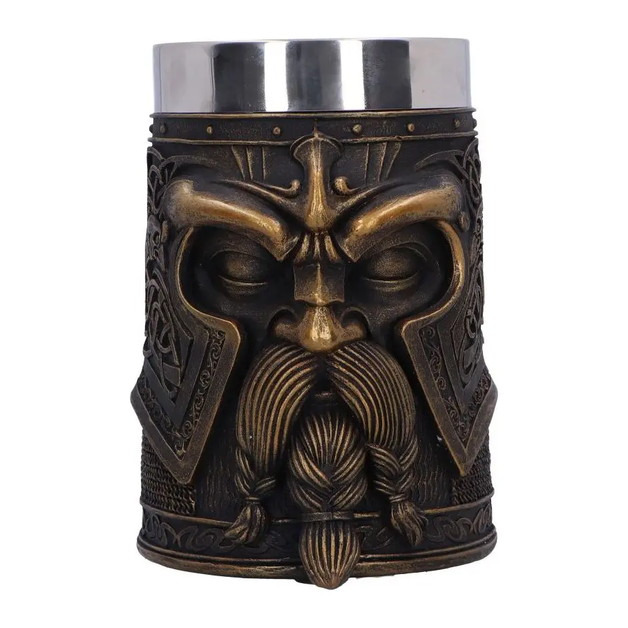 Dark gold resin tankard sculpted as Odin's face with helmet and beard