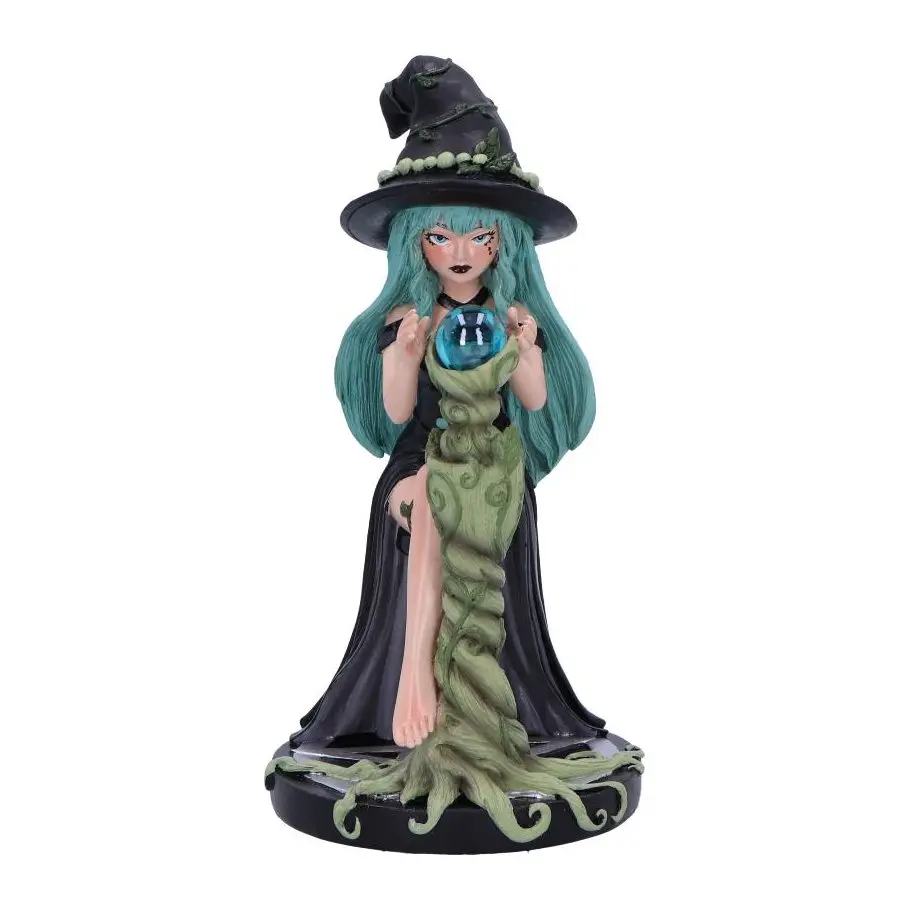 Sage witch figurine in a black dress and leafy hat with turquoise hair