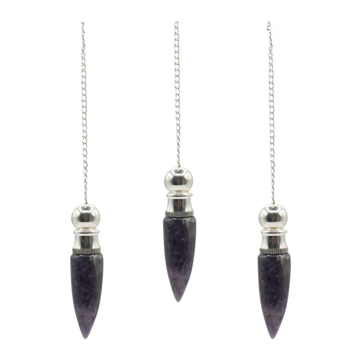 Pointed purple amethyst pendulum with a silver-plated finish