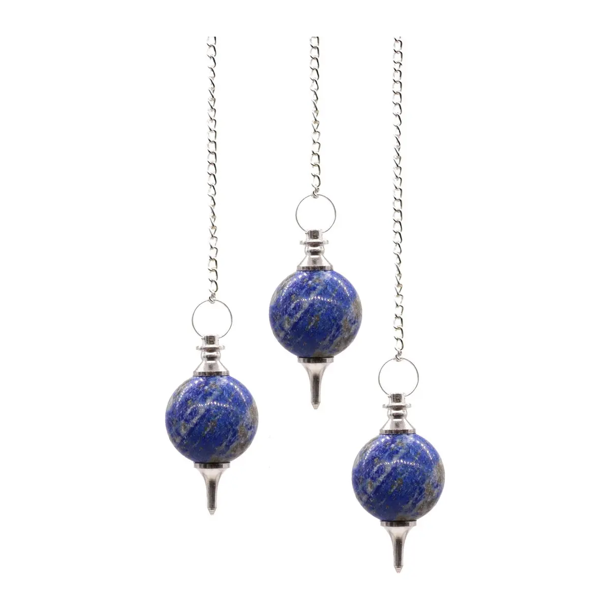 Lapis sphere pendulum hanging from a silver plated chain with a gemstone bead