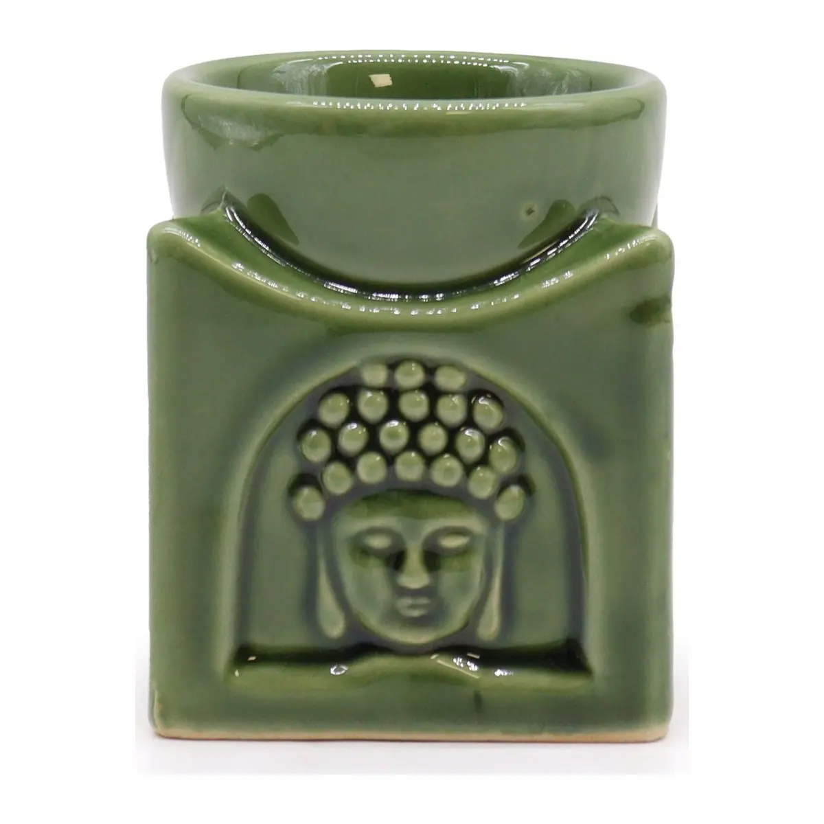 Square dark jade ceramic oil burner with a Buddha design