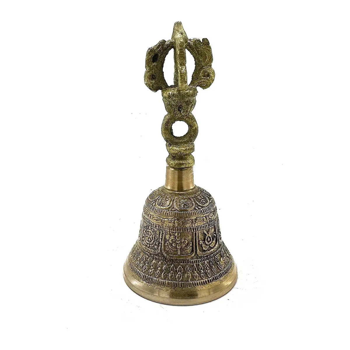 Medium brass Tibetan tingsha bell with Tibetan symbols and designs