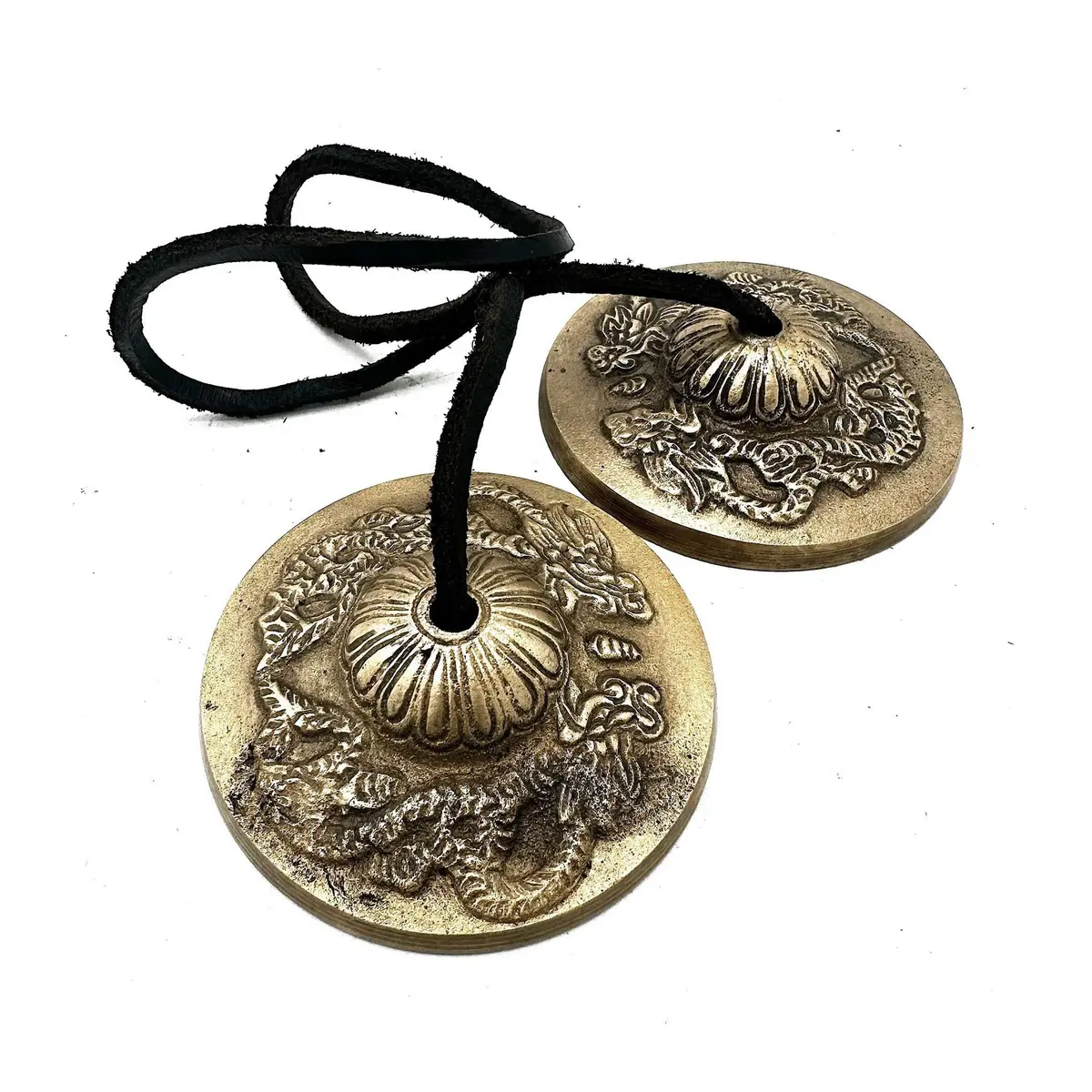 Brass Tibetan tingsha bells with an intricate dragon design