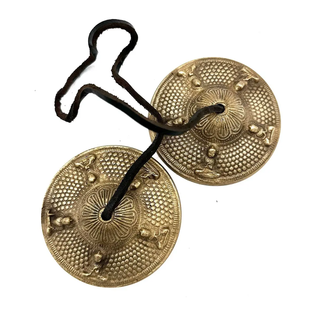 Brass Tibetan tingsha bells with Five Buddha imagery
