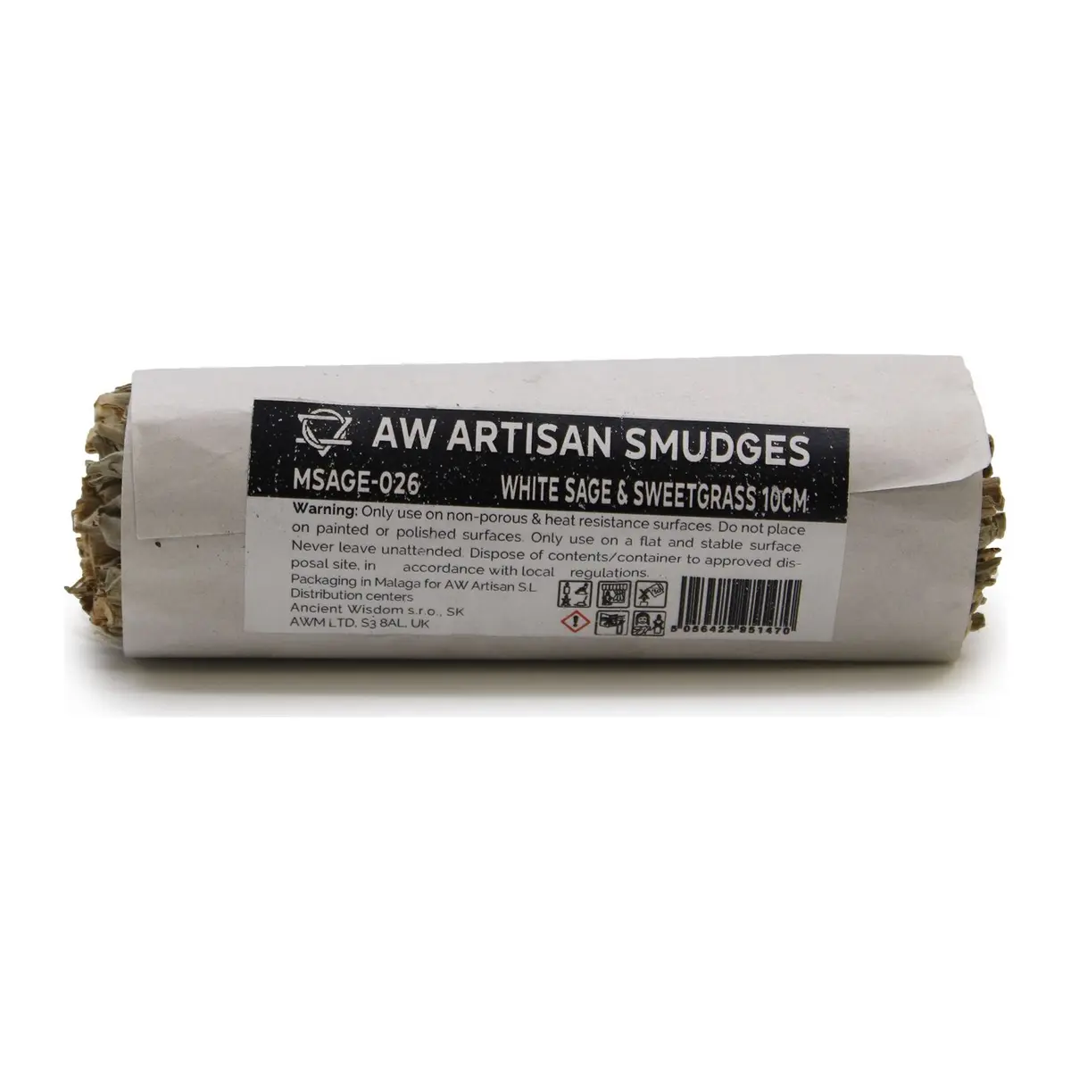 A small white sage and sweetgrass bundle, 10 cm long