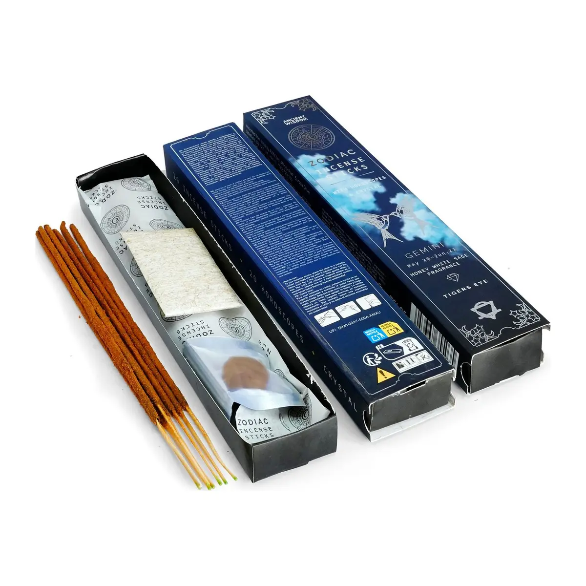 White sage zodiac incense set with sticks, a tumbled stone and rice-paper horoscopes