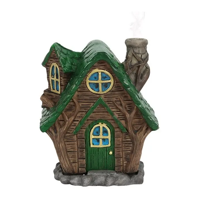 Little house shaped incense cone burner with a tiny fairy chimney